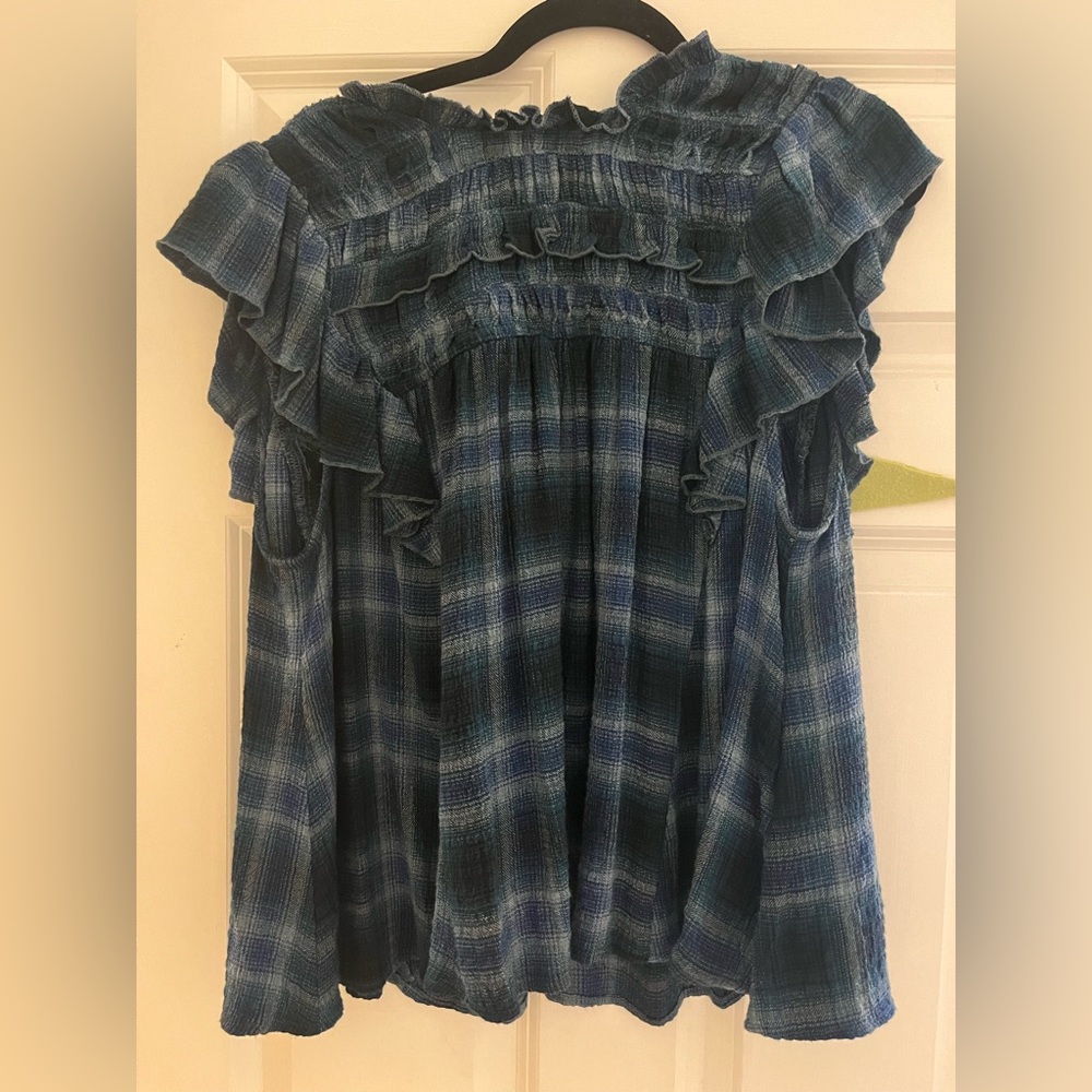 Free People Blue Plaid Ruffle Blouse